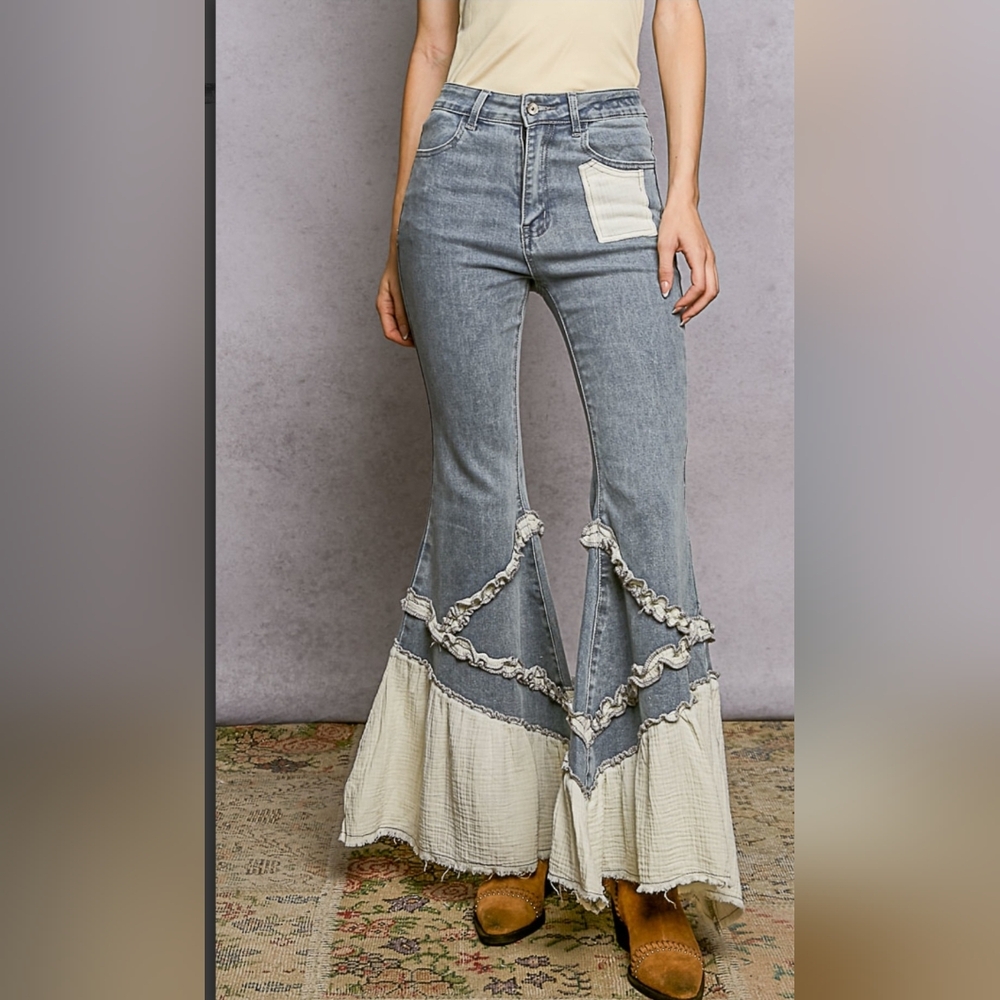POL 
Boho Ruffle Patchwork Flare Jeans High Rise Distressed Denim Bell Bottoms